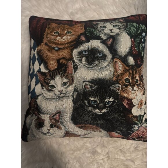 Vintage Cat Themed Decorative Tapestry Style Throw Pillow Paw Print Back - Picture 2 of 9